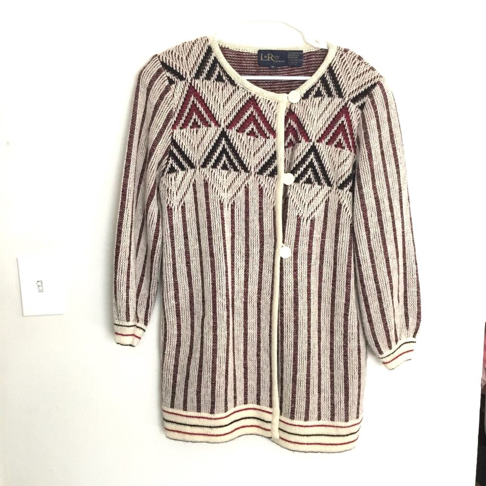LeROY Women's Knitwear Beige Tan Aztec Native Mohair Tunic Cardigan Sweater Sz M